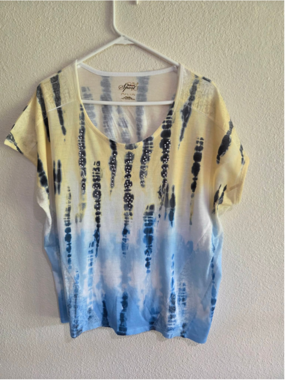 Style & Co Sport Women’s L Short Sleeve Top Yellow Blue Tie Dye Sequin